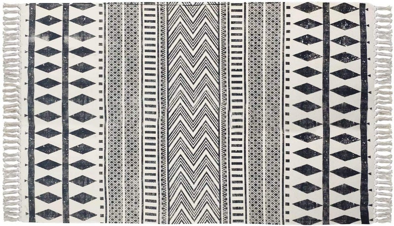 USTIDE سجادة يدوية النسج USTIDE 3'x5'، سجادة تزيينية لغرفة النوم، سجادة منطقة كبيرة بتفاصيل قطنية، سجادة حافة لغرفة المعيشة والمطبخ وغرفة الغسيل والحمام والمدخل، باللونين الأسود والكريم - Image 3